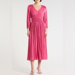 T Tahari Shirred Waist Long Sleeve Maxi Dress